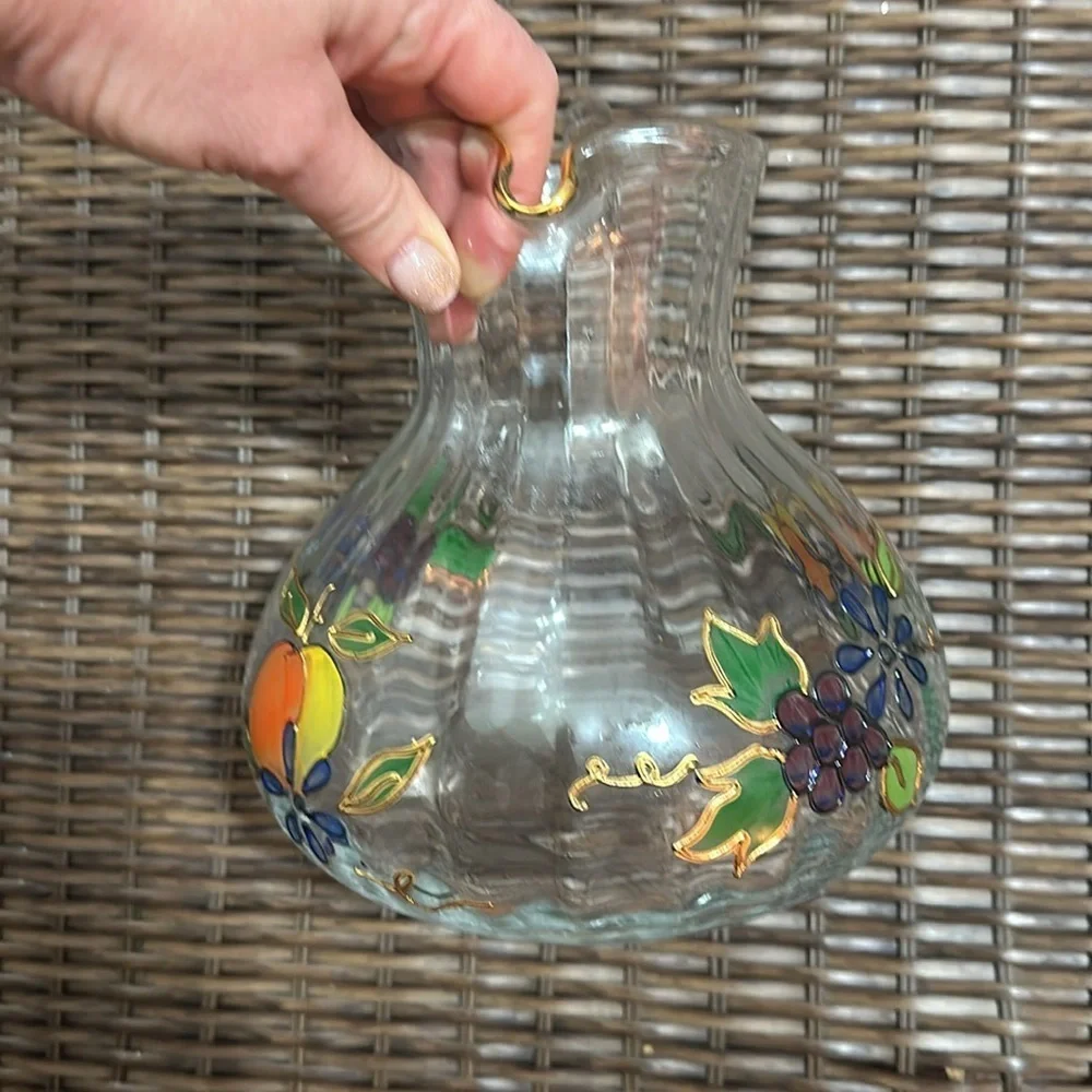 ‘Crystal Clear’ Pitcher - Hand Painted Fruit And Flowers, 22k Gold Painted Rim - Picture 3 of 5